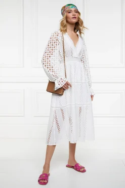 Broderie Lace V-Neck Midi Dress