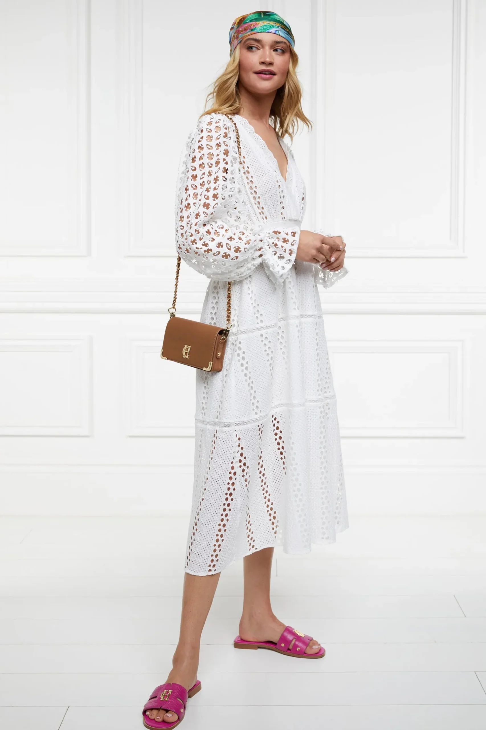 Broderie Lace V-Neck Midi Dress