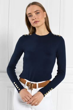 Buttoned Knit Crew Neck